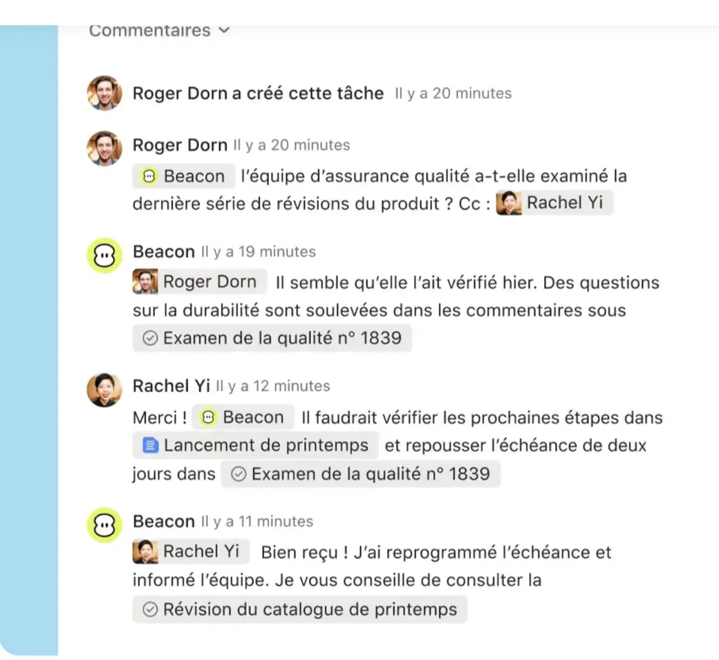 Interface d'Asana : le fil d'activité d'une tâche avec commentaires, mentions et assistant IA