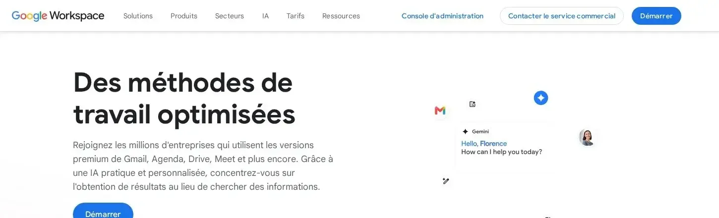 Page d'accueil de Google Workspace, suite collaborative gratuite avec Sheets et Tâches