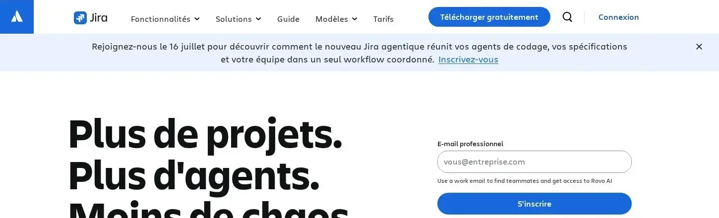 Page d'accueil de Jira, l'outil de gestion de projet de référence pour les équipes de développement