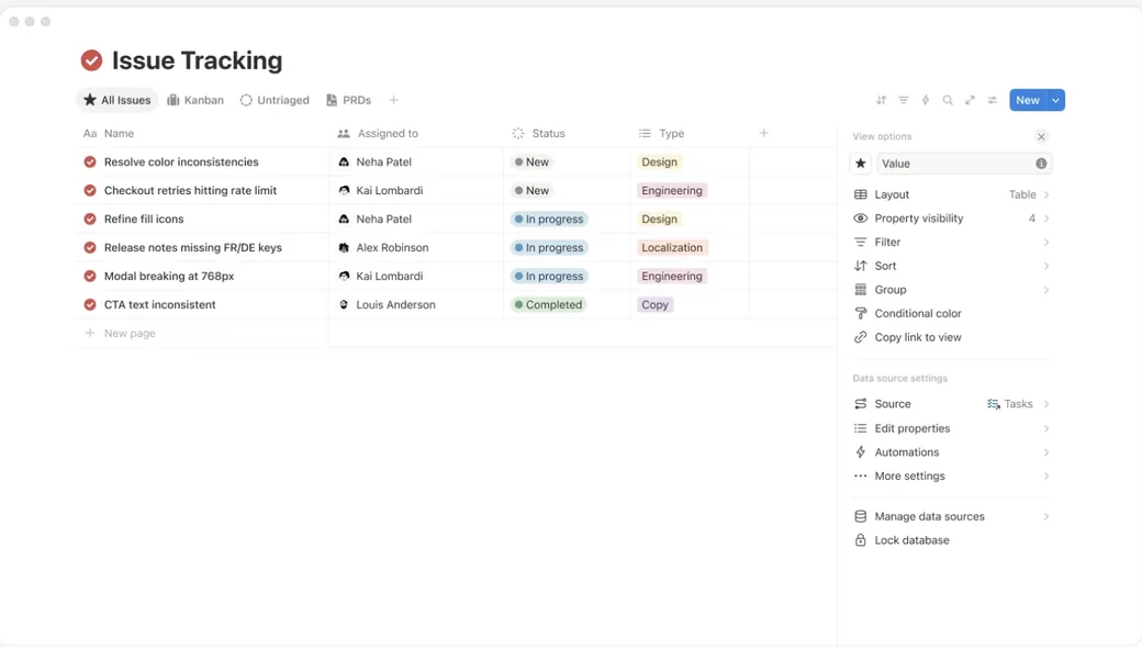 Interface de Notion : une base de données de suivi de tâches avec plusieurs vues et des statuts colorés