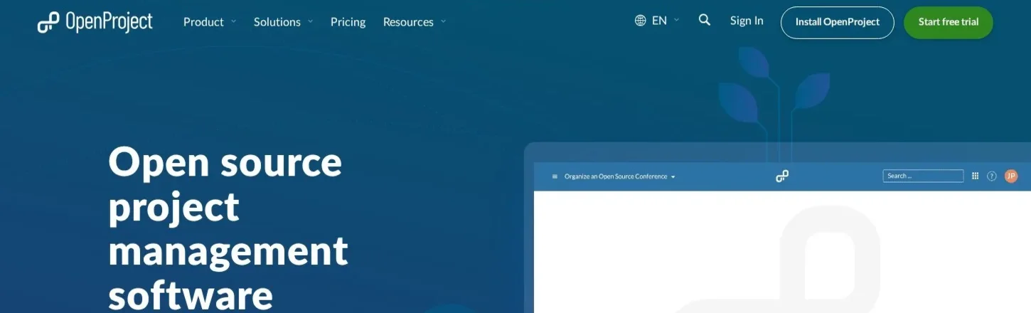 Page d'accueil d'OpenProject, logiciel de gestion de projet open source complet avec Gantt et tableaux agiles