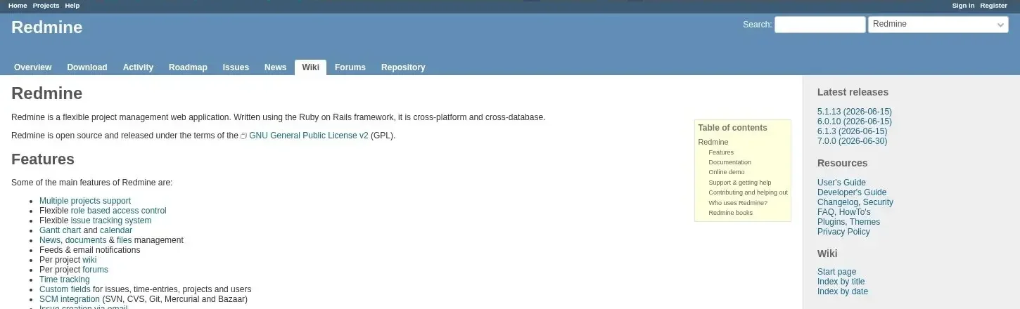 Page d'accueil de Redmine, logiciel open source de suivi de tickets et de gestion multi-projets