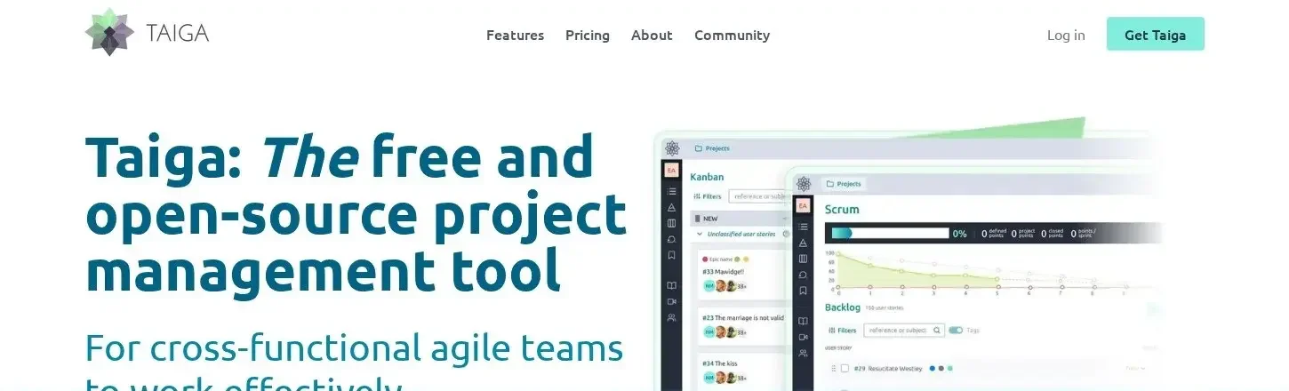 Page d'accueil de Taiga, outil de gestion de projet agile open source pour Scrum et Kanban
