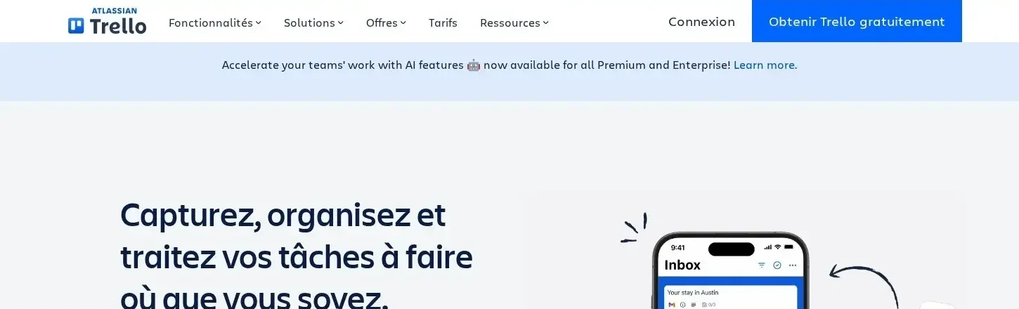 Capture d'écran de la page d'accueil de Trello