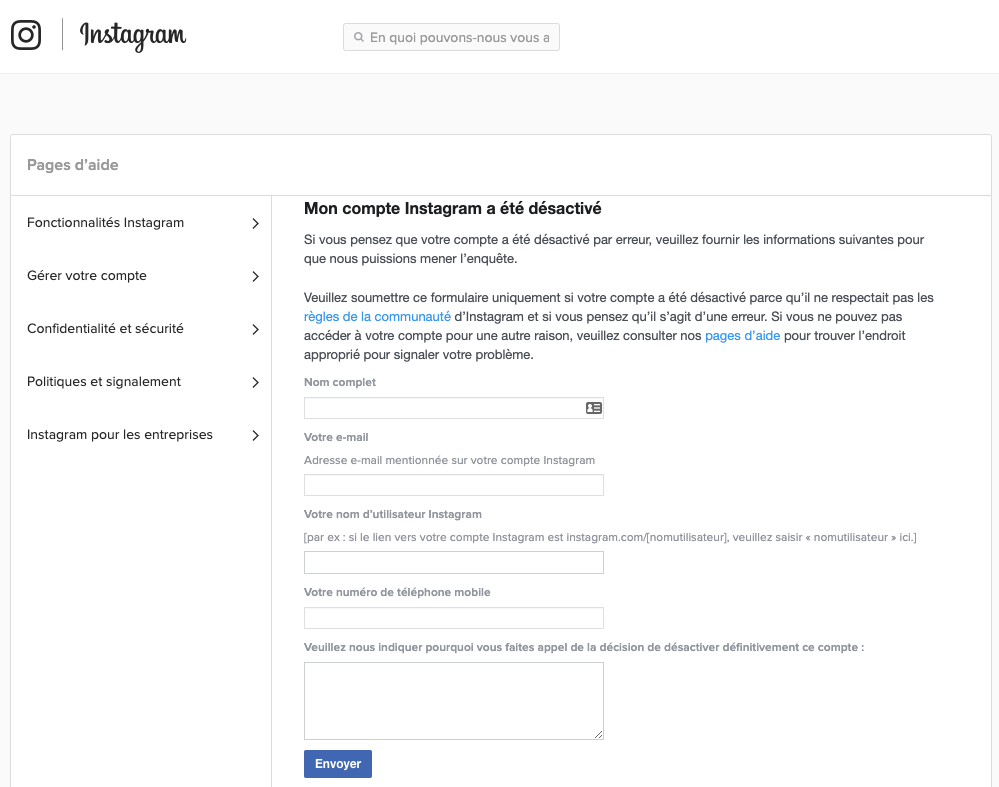 formulaire pour récupérer un compte instagram désactivé